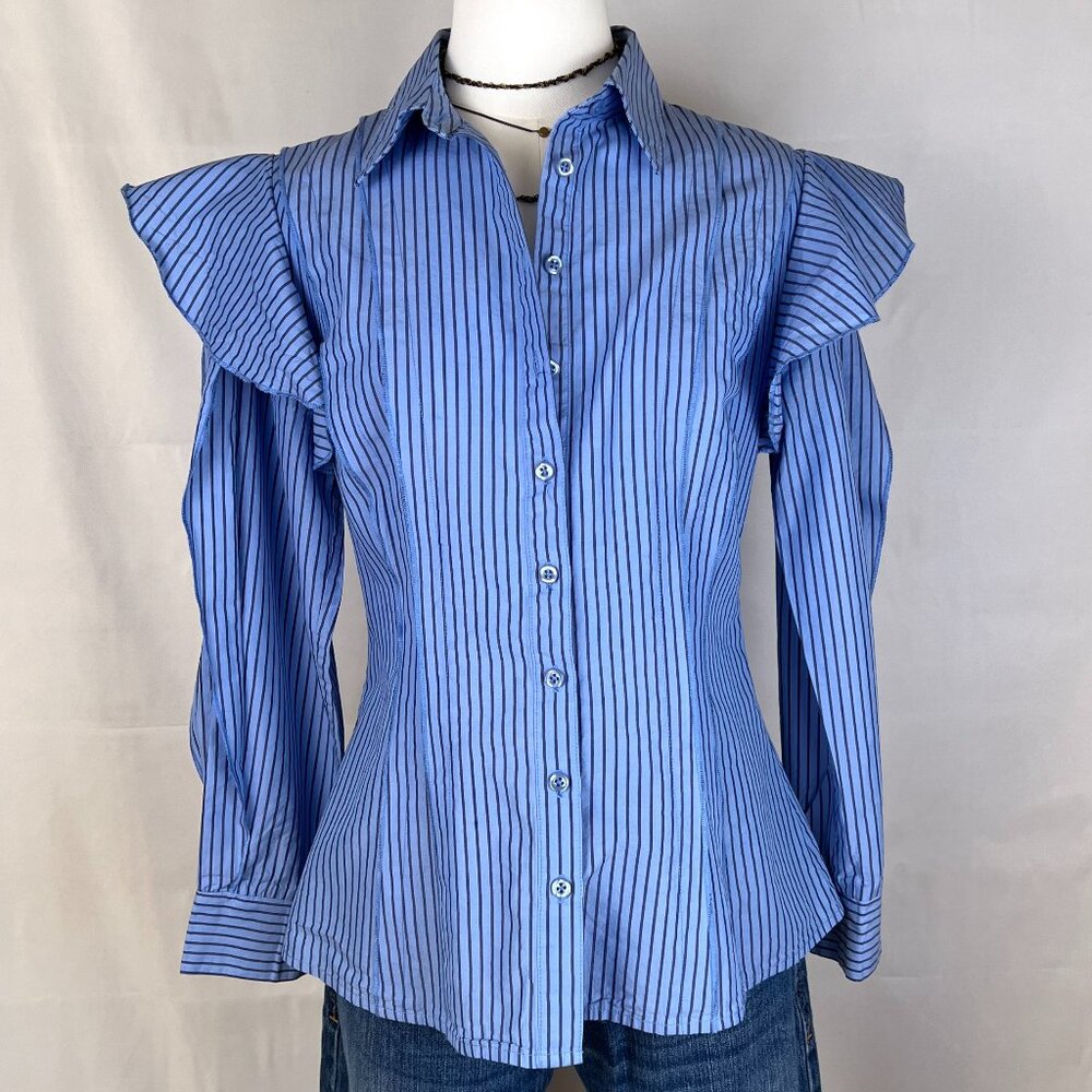 Koche Collective Pinstripe Ruffle Button Down Shirt